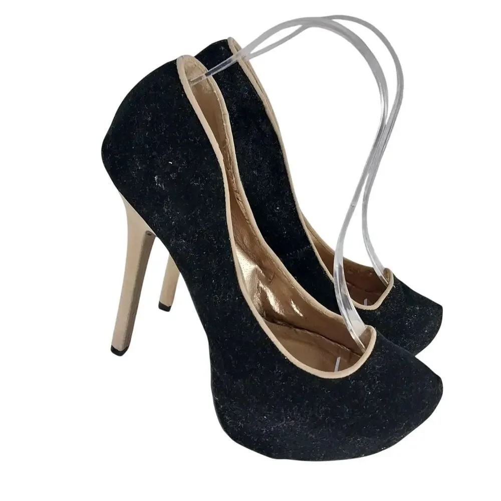 QUPID! BLACK VELVETEEN & TAN VEGAN SUEDE STILETTO PLATFORM HEELS, PUMPS! SZ 8.5M